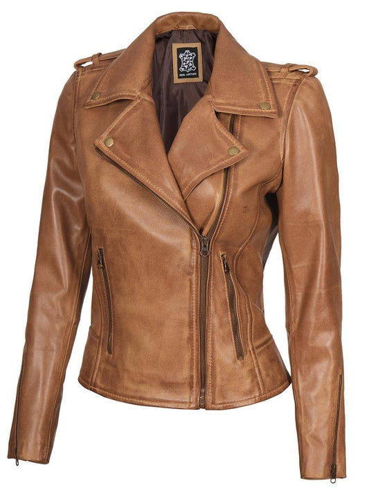 Kirsten Womens Asymmetrical Camel Brown Biker Leather Jacket - Vox Leather