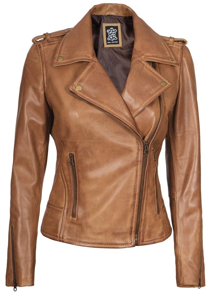 Kirsten Womens Asymmetrical Camel Brown Biker Leather Jacket - Vox Leather