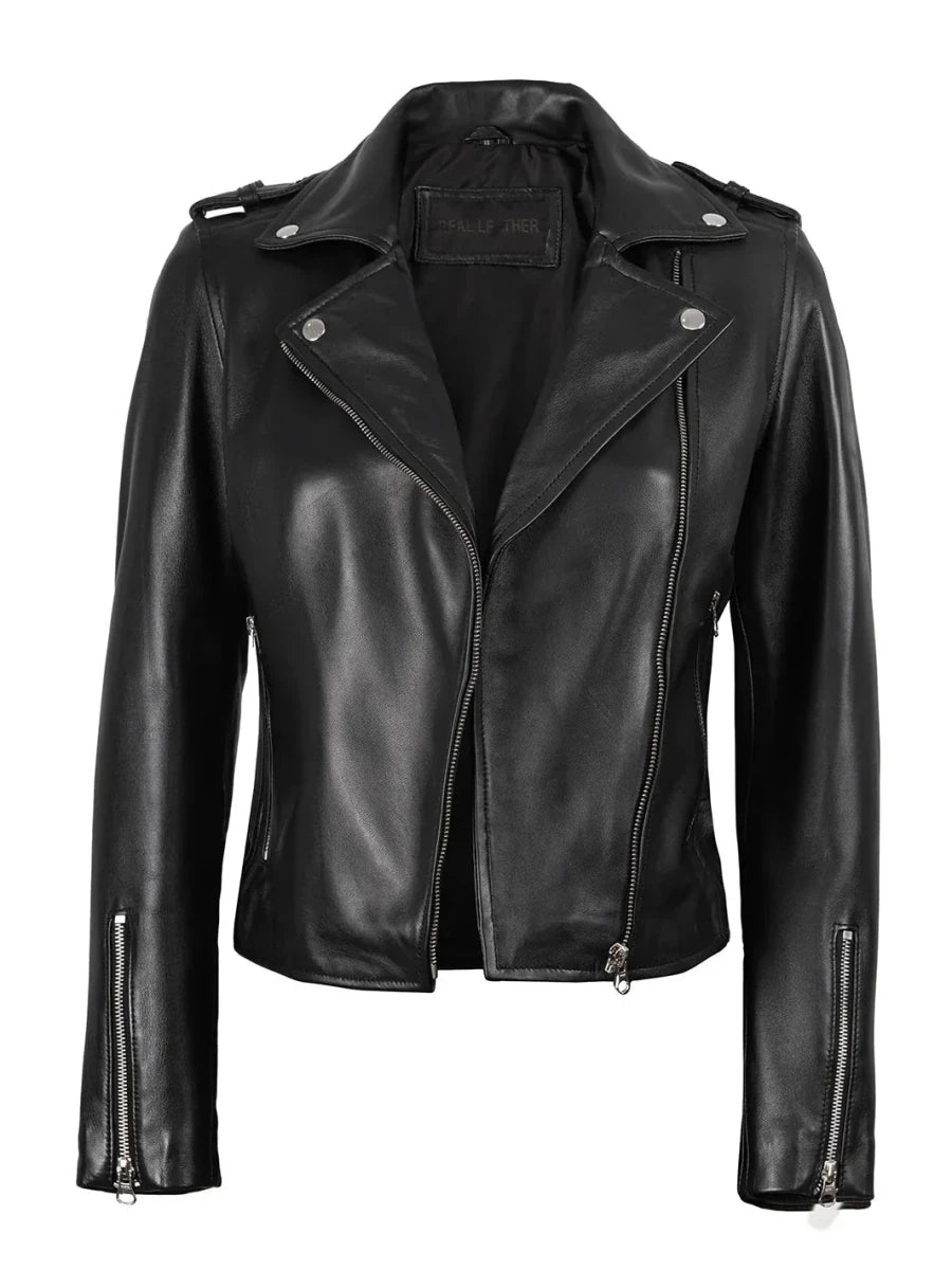 Kirsten Women's Black Asymmetrical Leather Motorcycle Jacket - Vox Leather