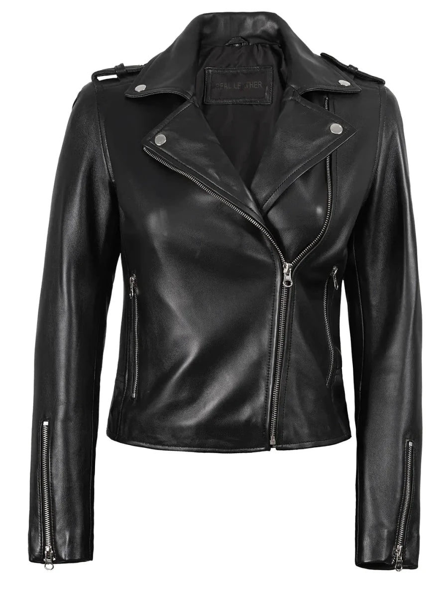 Kirsten Women's Black Asymmetrical Leather Motorcycle Jacket - Vox Leather