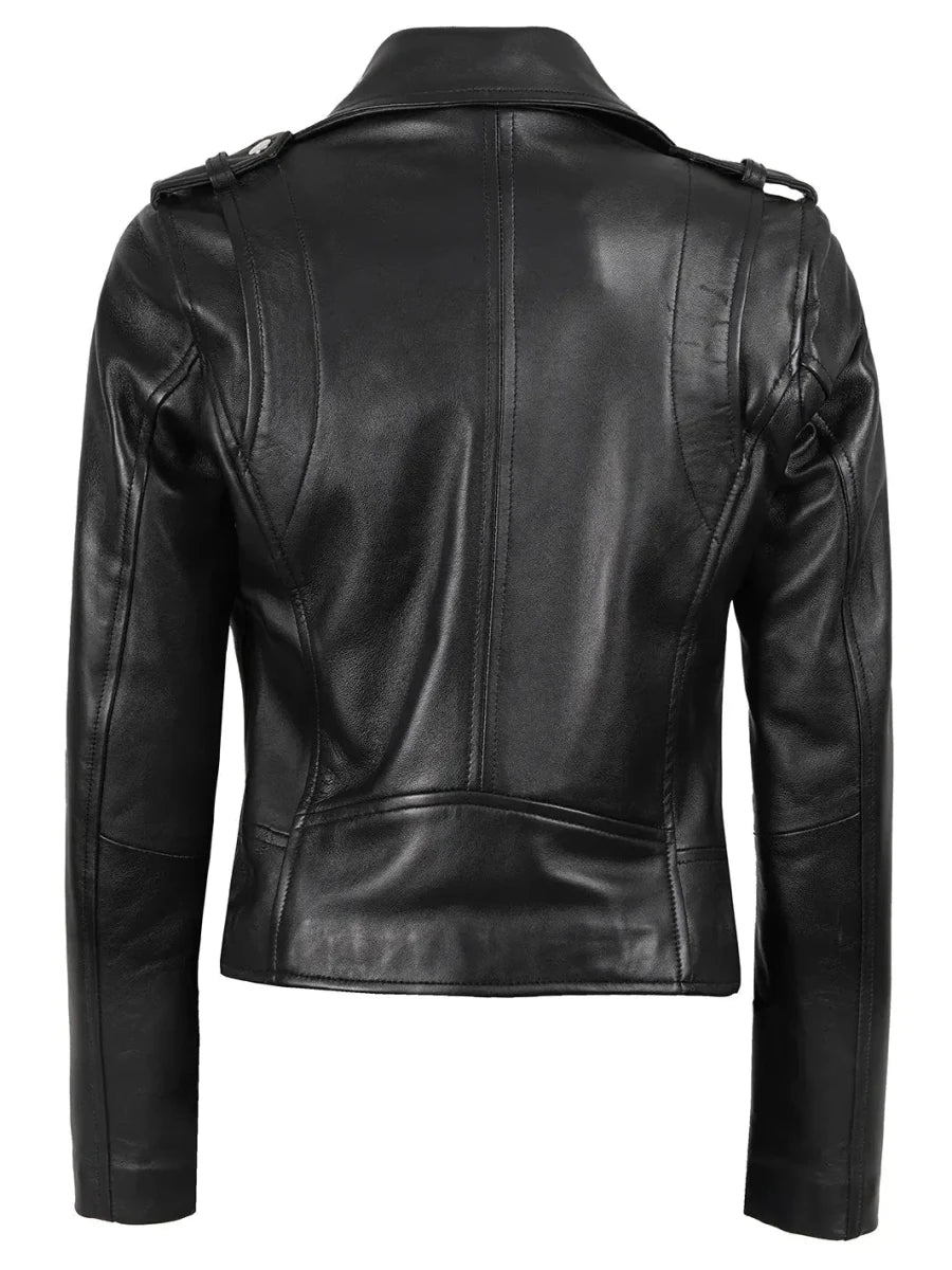 Kirsten Women's Black Asymmetrical Leather Motorcycle Jacket - Vox Leather