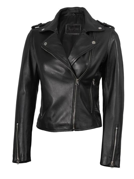 Kirsten Women's Black Asymmetrical Leather Motorcycle Jacket - Vox Leather