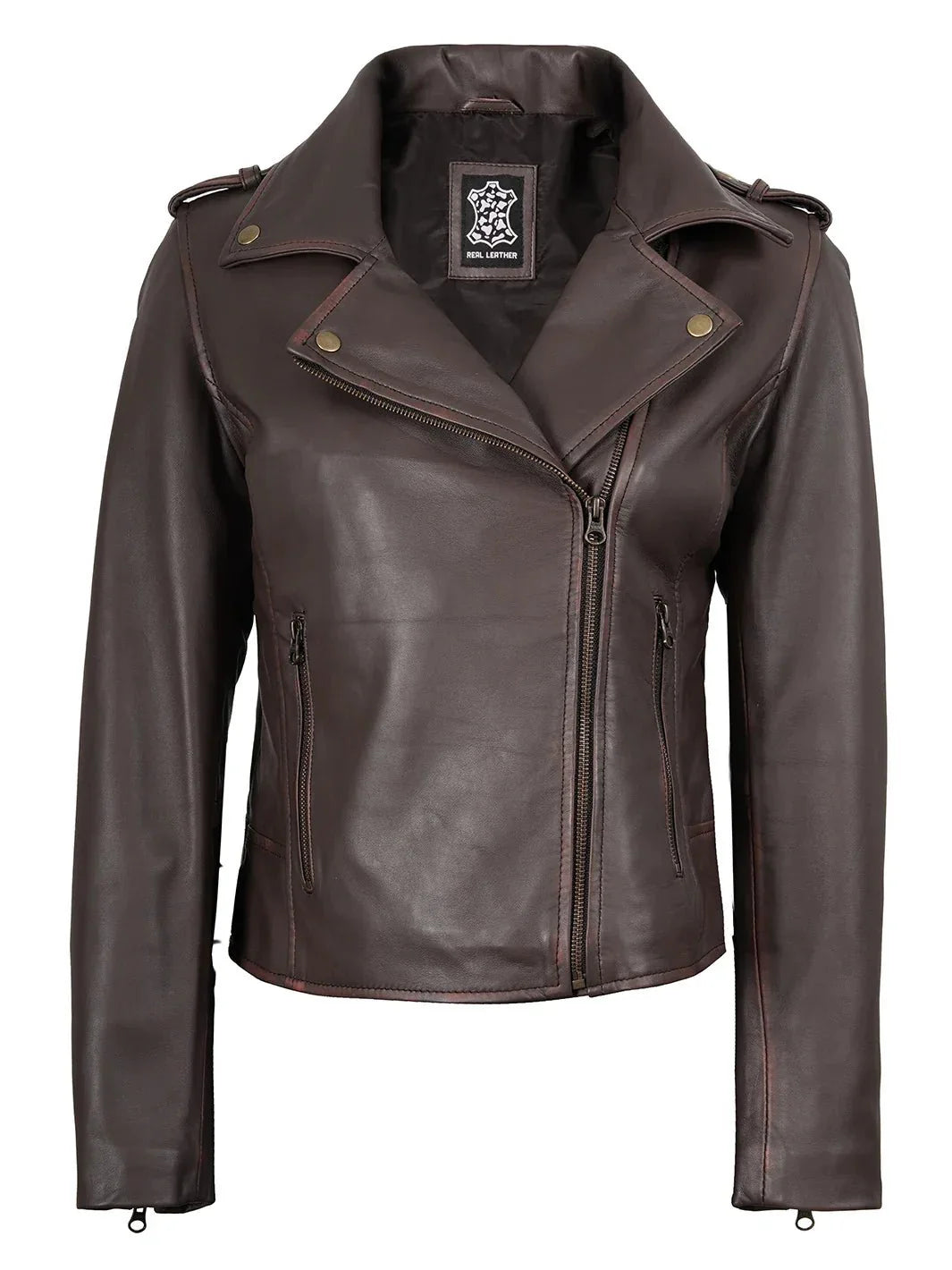 Kirsten Womens Dark Brown Asymmetrical Leather Motorcycle Jacket - Rare Leather