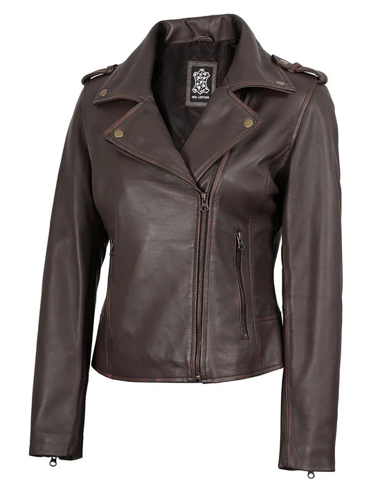 Kirsten Womens Dark Brown Asymmetrical Leather Motorcycle Jacket - Rare Leather