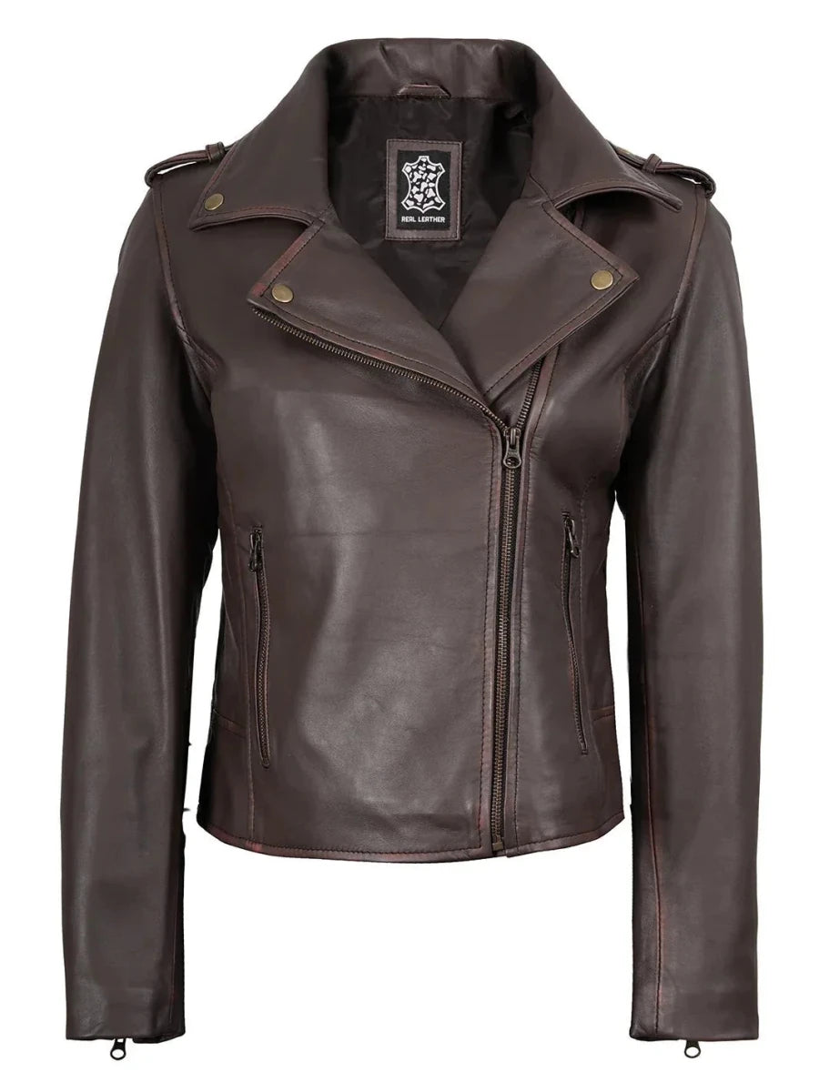 Kirsten Womens Dark Brown Asymmetrical Leather Motorcycle Jacket - Vox Leather