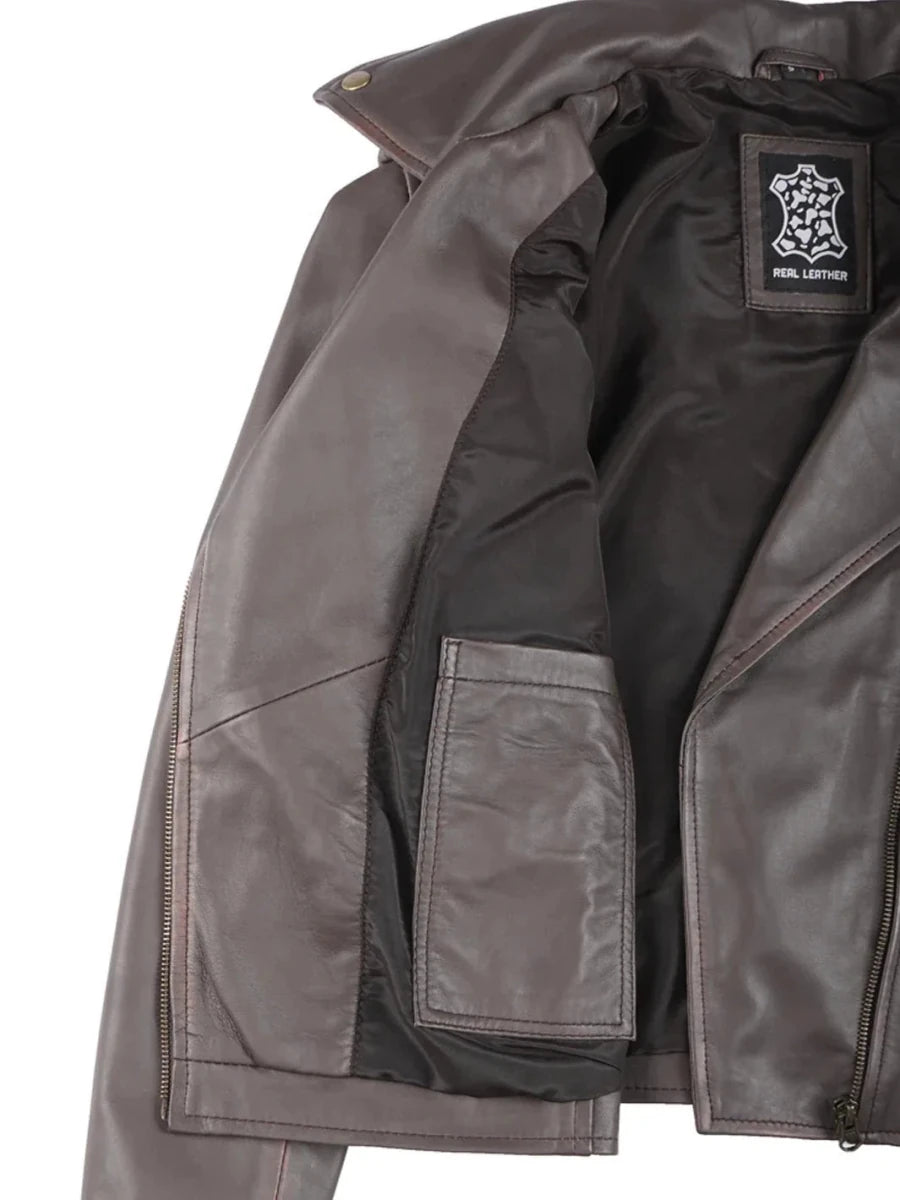 Kirsten Womens Dark Brown Asymmetrical Leather Motorcycle Jacket - Vox Leather