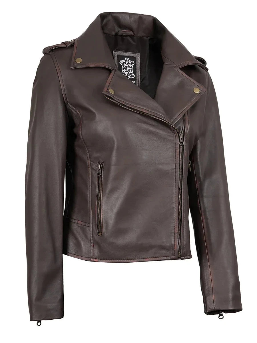 Kirsten Womens Dark Brown Asymmetrical Leather Motorcycle Jacket - Vox Leather