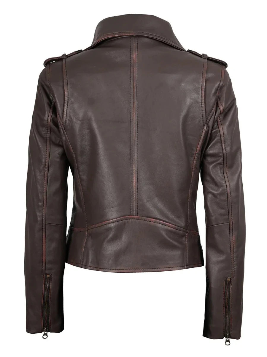 Kirsten Womens Dark Brown Asymmetrical Leather Motorcycle Jacket - Vox Leather