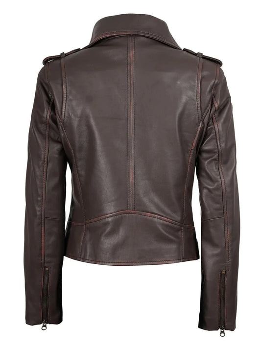 Kirsten Womens Dark Brown Asymmetrical Leather Motorcycle Jacket - Vox Leather