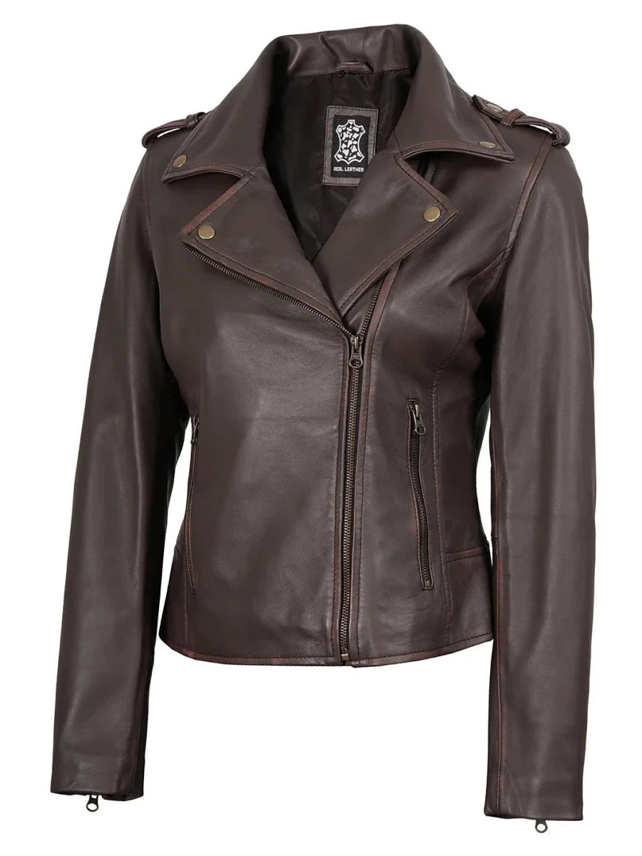 Kirsten Womens Dark Brown Asymmetrical Leather Motorcycle Jacket - Vox Leather