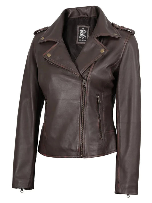 Kirsten Womens Dark Brown Asymmetrical Leather Motorcycle Jacket - Vox Leather