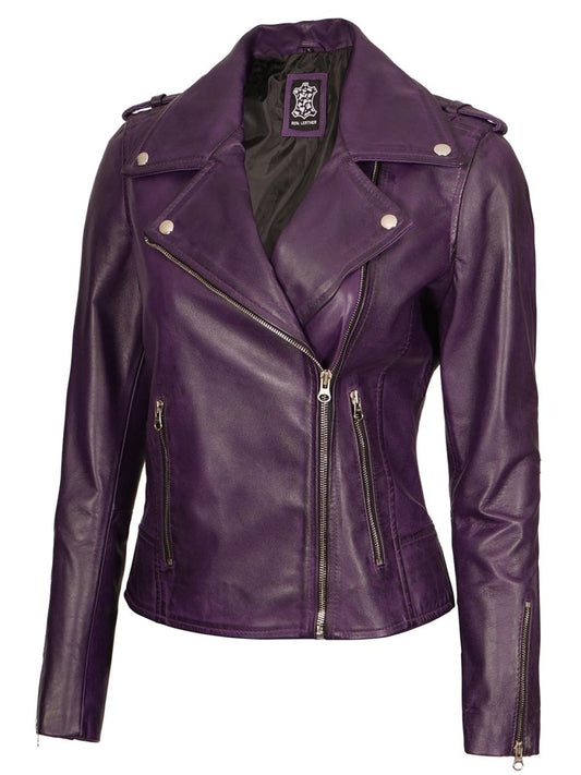 Kirsten Women's Purple Asymmetrical Motorcycle Leather Jacket - Vox Leather