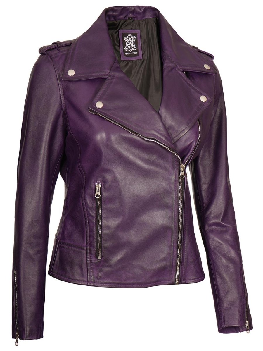 Kirsten Women's Purple Asymmetrical Motorcycle Leather Jacket - Vox Leather