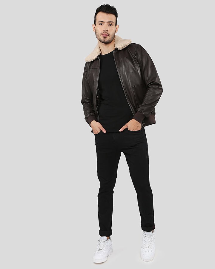 Knox Brown Bomber Leather Jacket with Removable Collar - Vox Leather