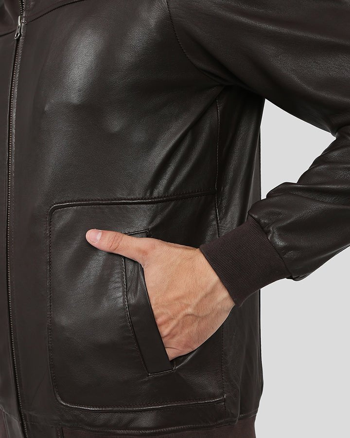 Knox Brown Bomber Leather Jacket with Removable Collar - Vox Leather