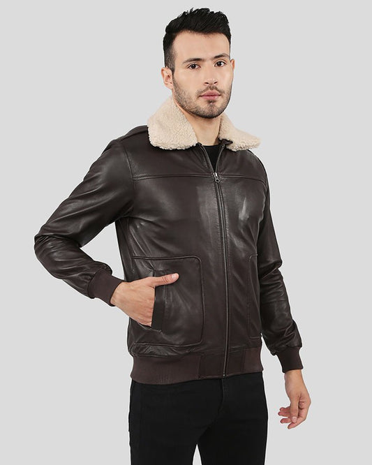 Knox Brown Bomber Leather Jacket with Removable Collar - Vox Leather