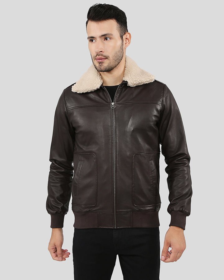 Knox Brown Bomber Leather Jacket with Removable Collar - Vox Leather