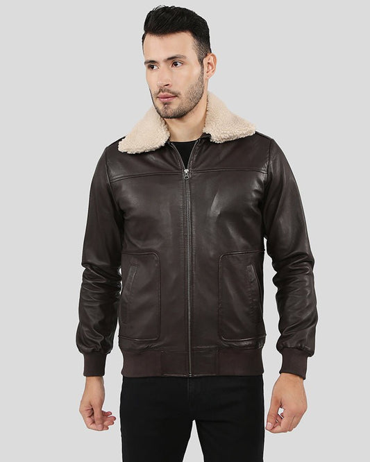 Knox Brown Bomber Leather Jacket with Removable Collar - Vox Leather