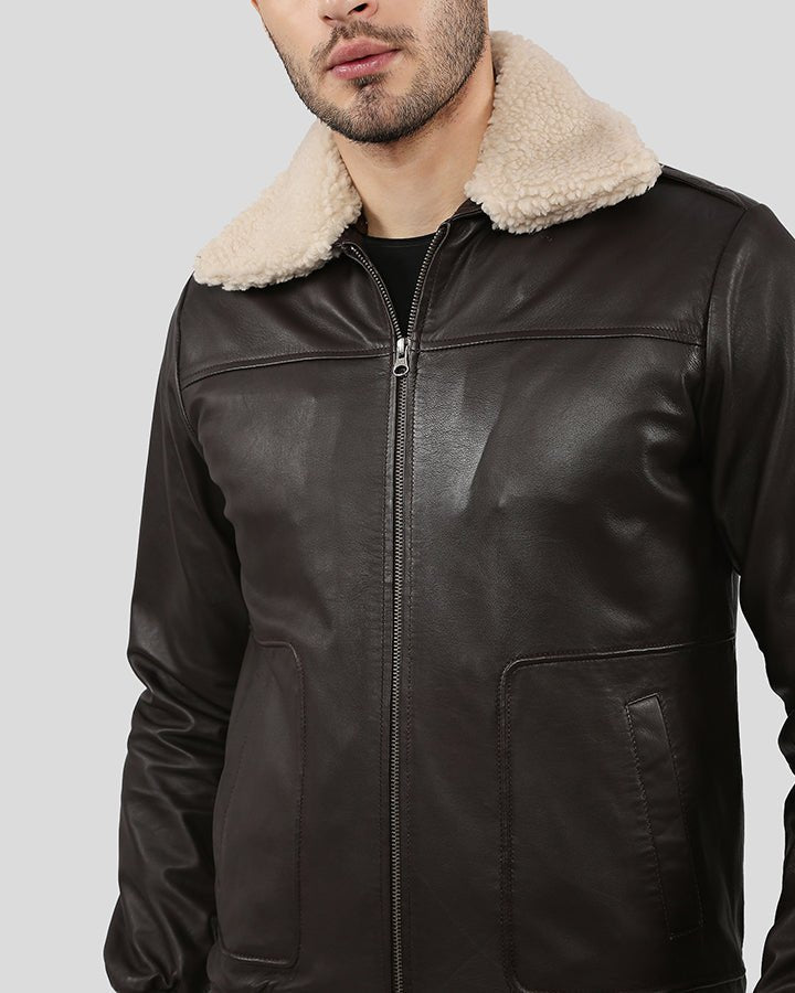 Knox Brown Bomber Leather Jacket with Removable Collar - Vox Leather