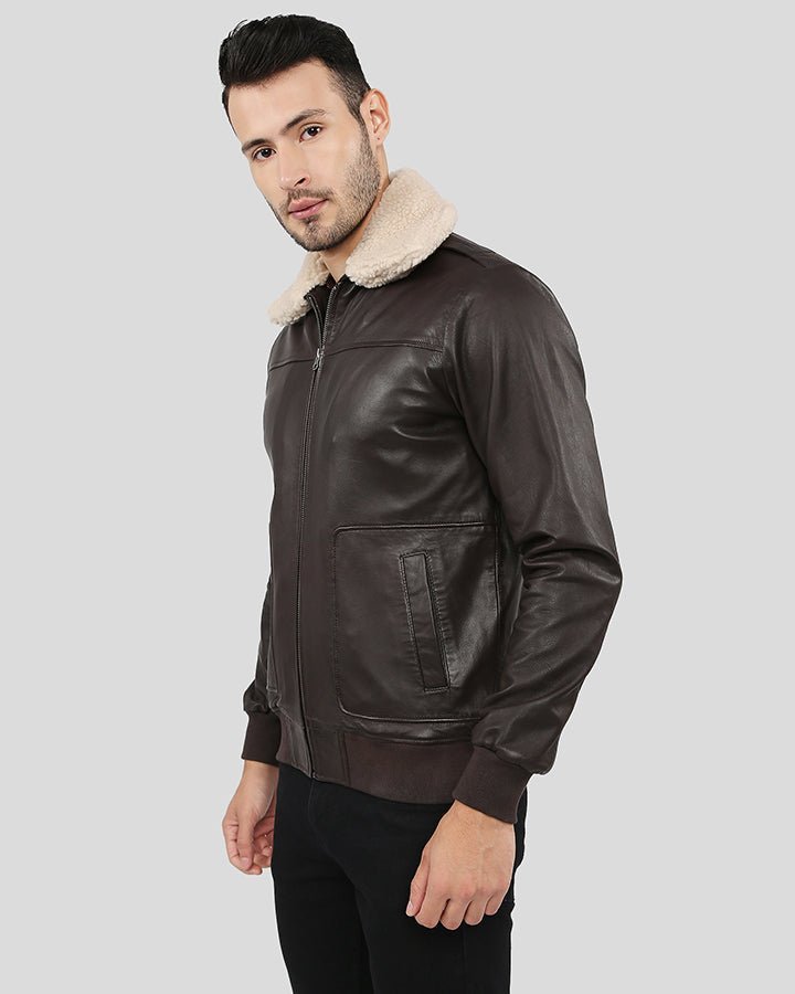 Knox Brown Bomber Leather Jacket with Removable Collar - Vox Leather
