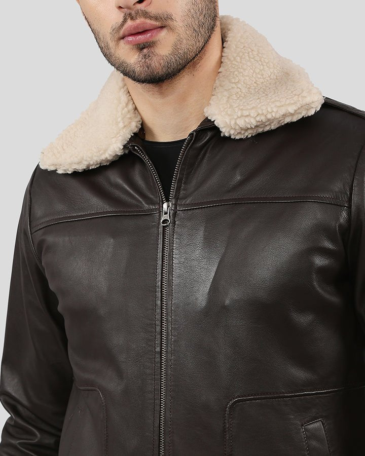 Knox Brown Bomber Leather Jacket with Removable Collar - Vox Leather