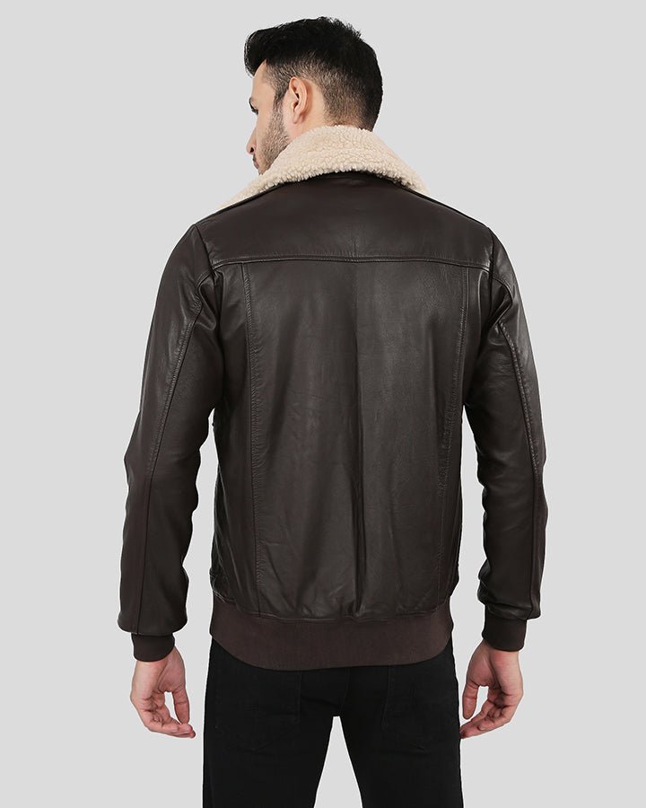 Knox Brown Bomber Leather Jacket with Removable Collar - Vox Leather