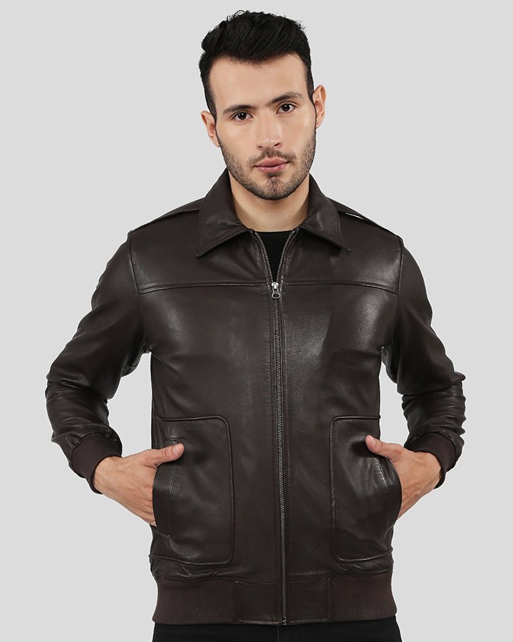 Knox Brown Bomber Leather Jacket with Removable Collar - Vox Leather