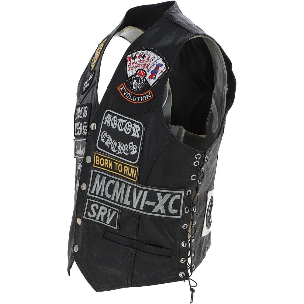 Leather Laced Patch Waistcoat Black Biker Vest - Rare Leather