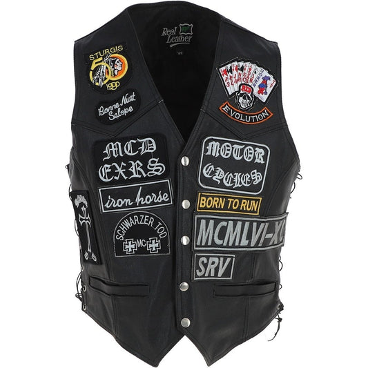 Leather Laced Patch Waistcoat Black Biker Vest - Vox Leather