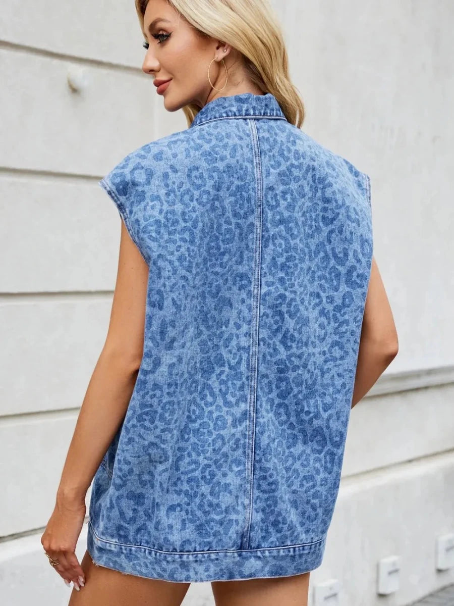 Leopard Button Up Cap Sleeve Denim Jacket - Vox Leather