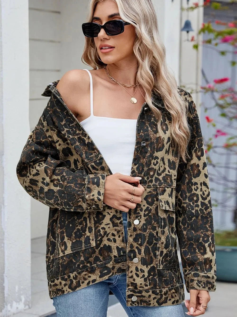 Leopard Button Up Drop Shoulder Denim Jacket - Rare Leather