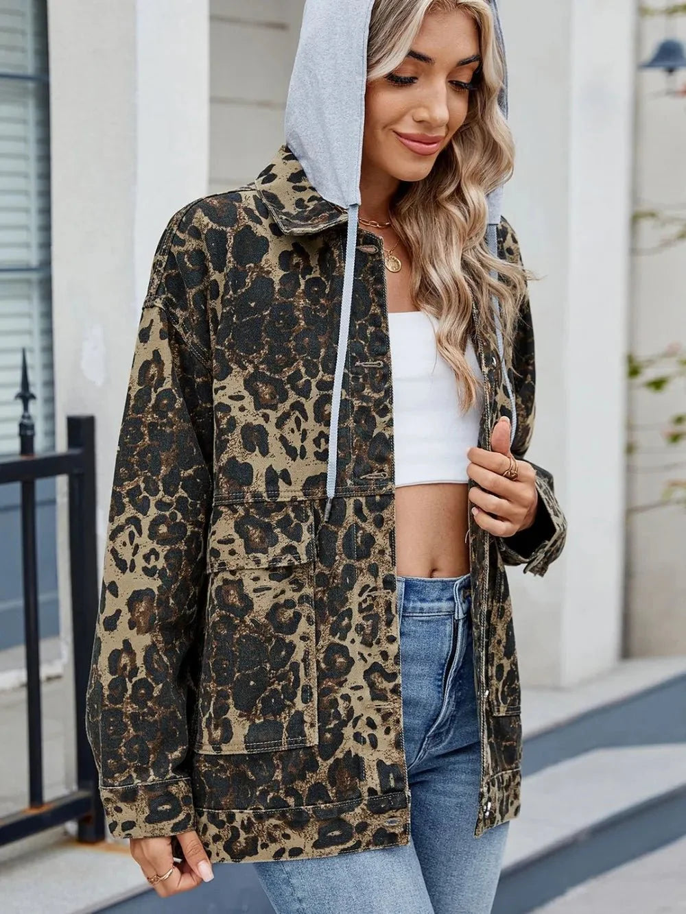 Leopard Button Up Drop Shoulder Denim Jacket - Rare Leather