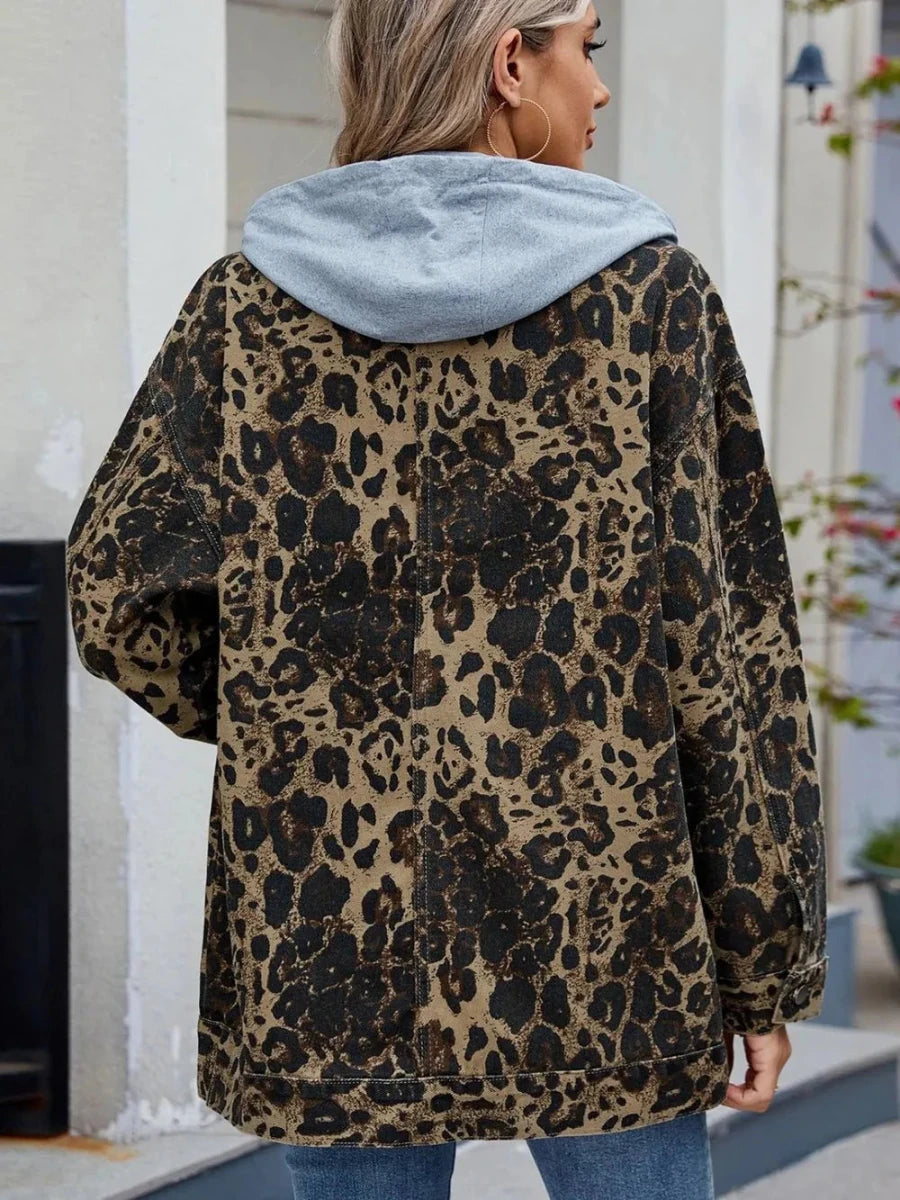 Leopard Button Up Drop Shoulder Denim Jacket - Vox Leather