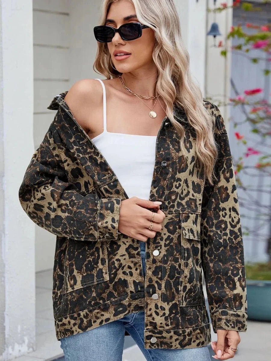 Leopard Button Up Drop Shoulder Denim Jacket - Vox Leather