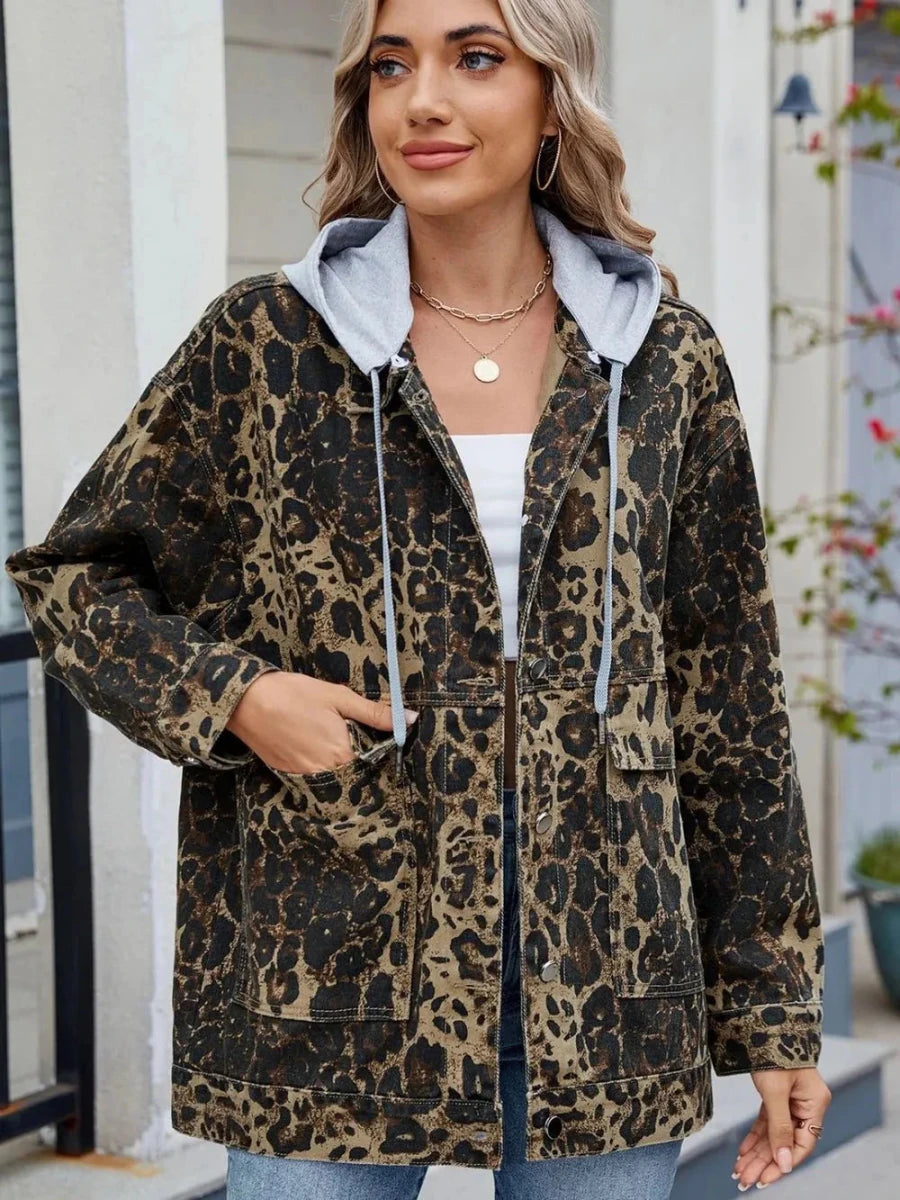 Leopard Button Up Drop Shoulder Denim Jacket - Vox Leather