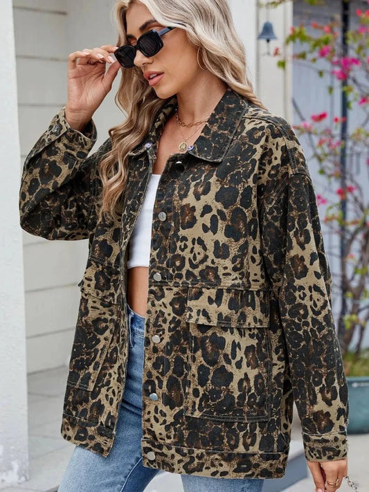 Leopard Button Up Drop Shoulder Denim Jacket - Vox Leather
