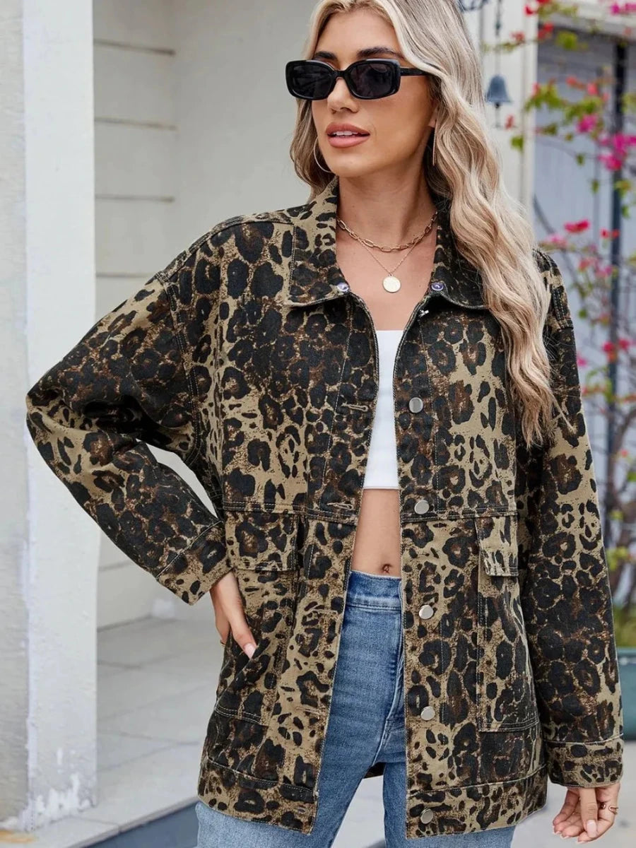 Leopard Button Up Drop Shoulder Denim Jacket - Vox Leather