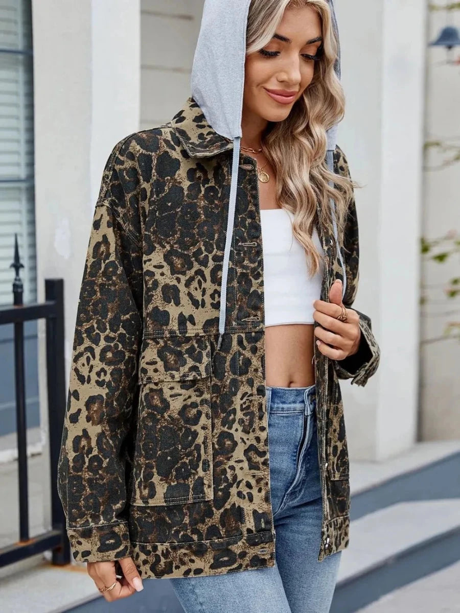 Leopard Button Up Drop Shoulder Denim Jacket - Vox Leather