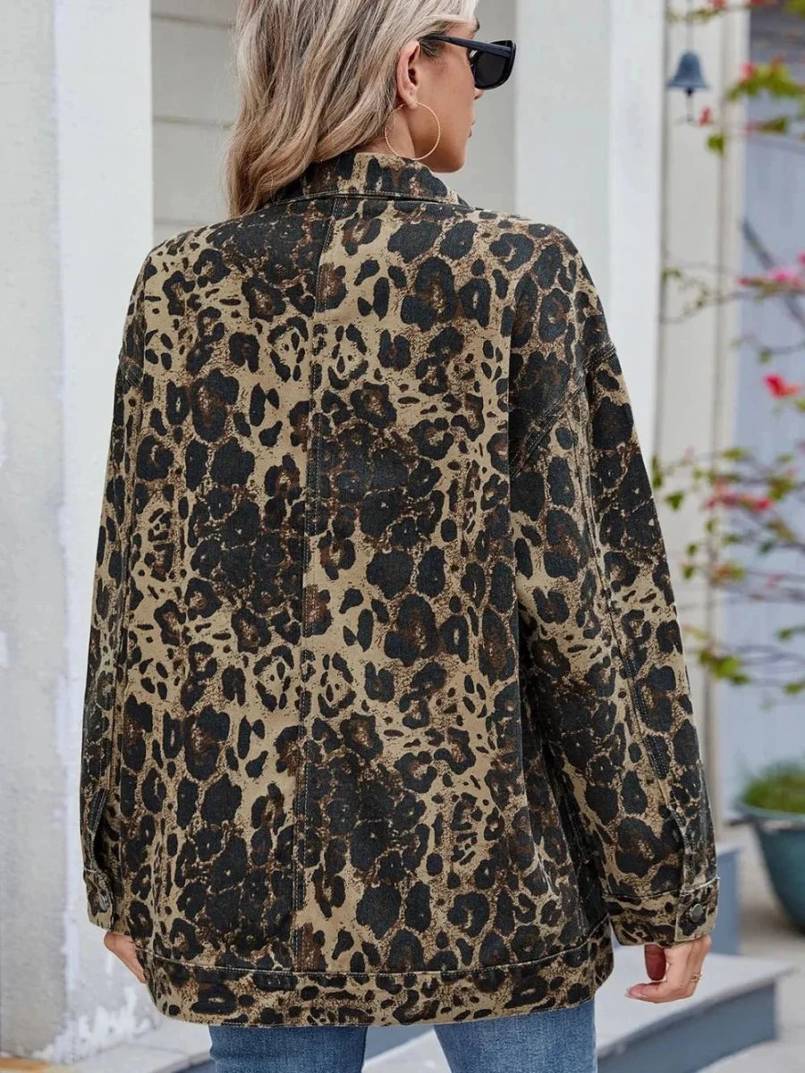 Leopard Button Up Drop Shoulder Denim Jacket - Vox Leather