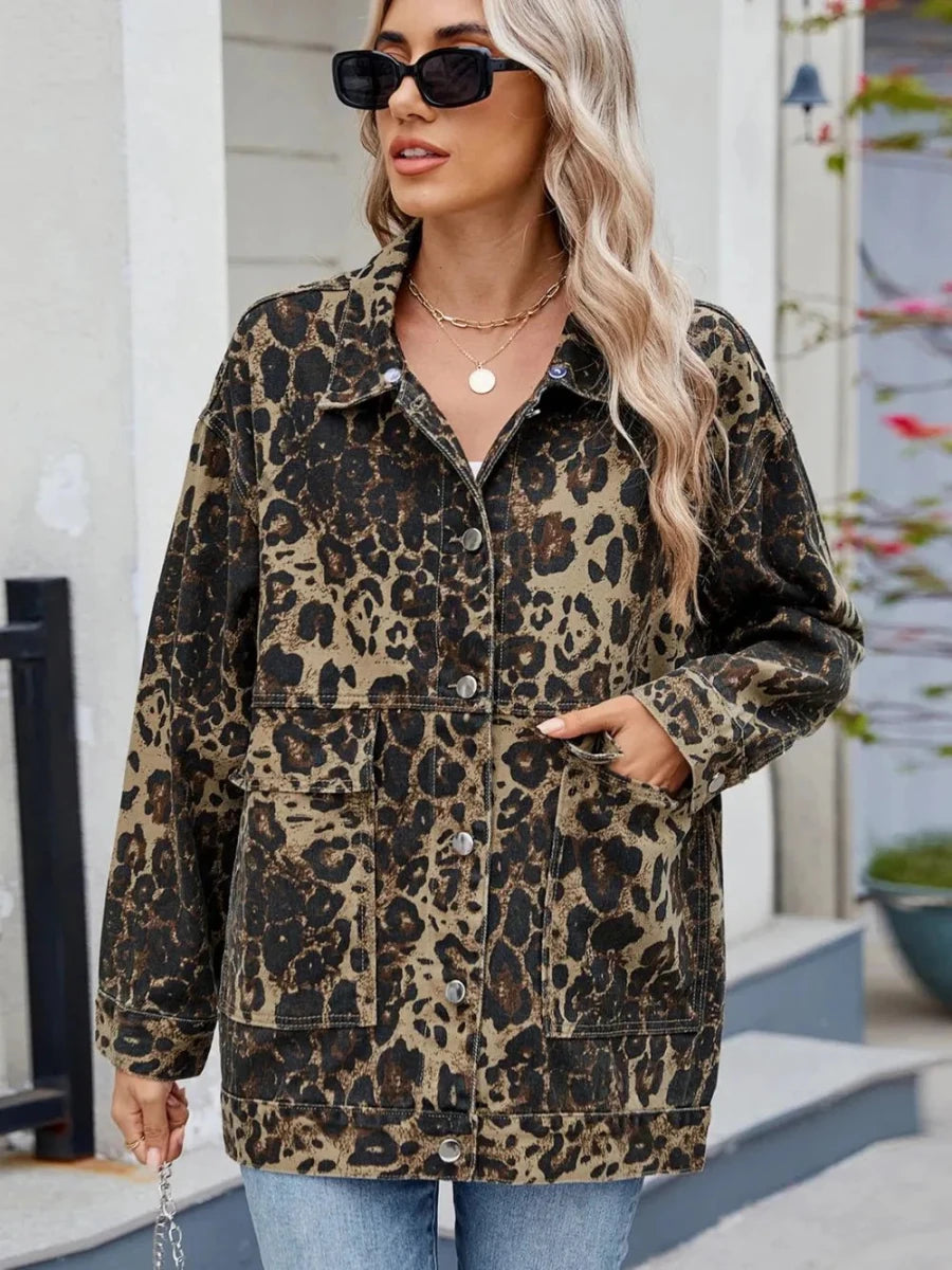 Leopard Button Up Drop Shoulder Denim Jacket - Vox Leather