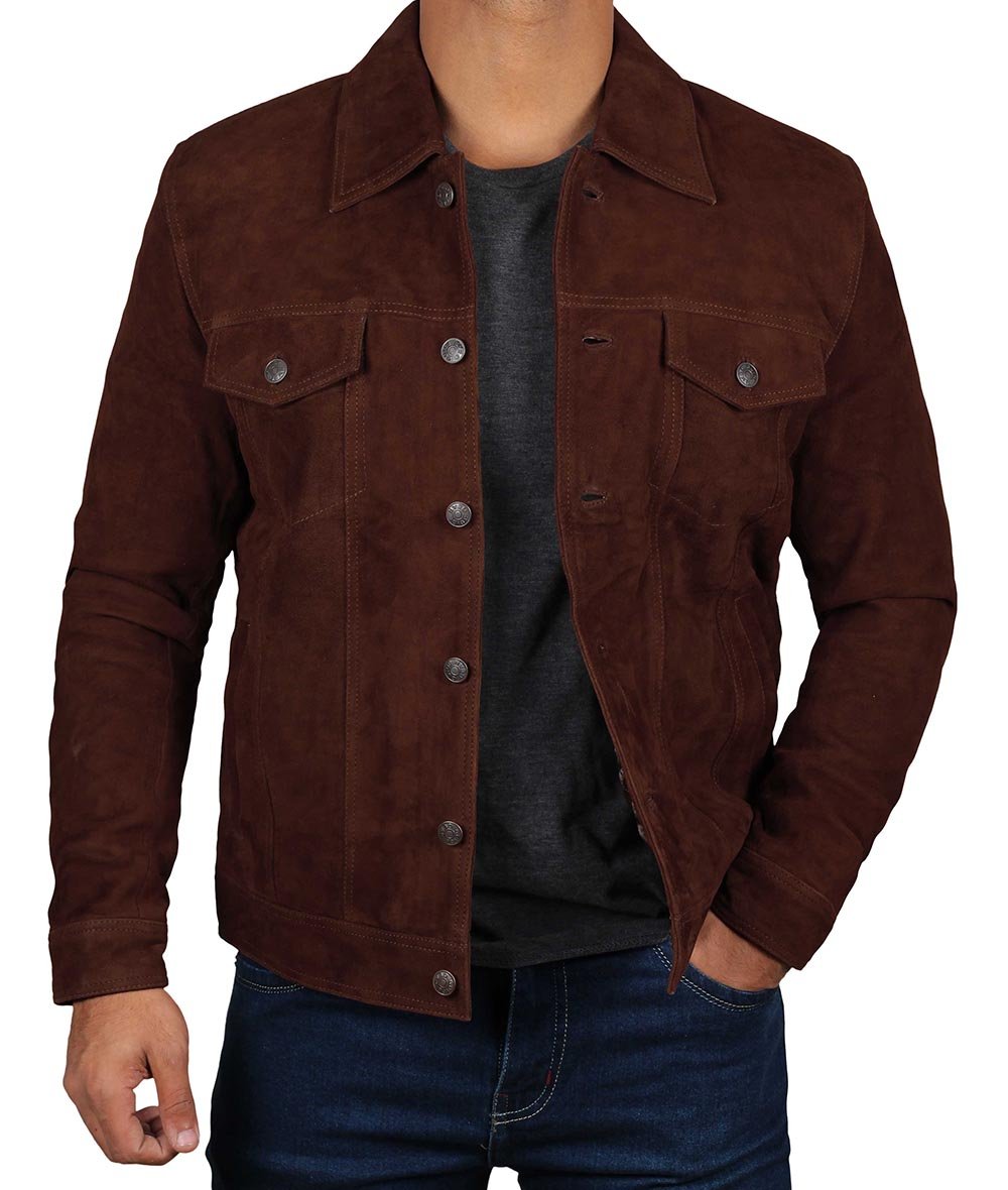 Logan Men's Dark Brown Suede Trucker Jacket - Rare Leather
