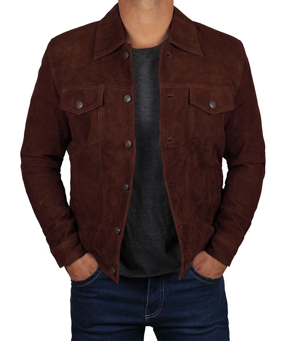 Logan Men's Dark Brown Suede Trucker Jacket - Rare Leather