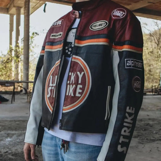 Lucky Strike Leather Jacket - Black & Dark Red - Rare Leather Order Now !!