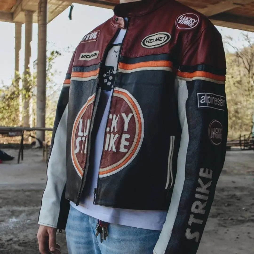 Lucky Strike Leather Jacket - Black & Dark Red - Vox Leather