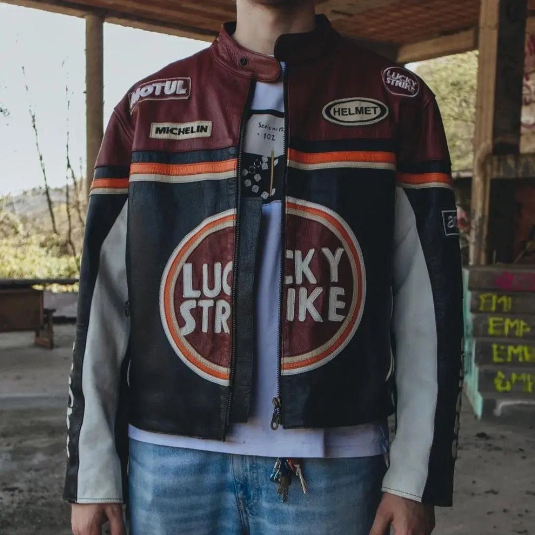 Lucky Strike Leather Jacket - Black & Dark Red - Vox Leather
