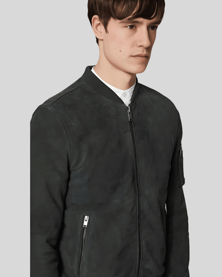 Lucy Dark Green Suede Bomber Leather Jacket - Vox Leather