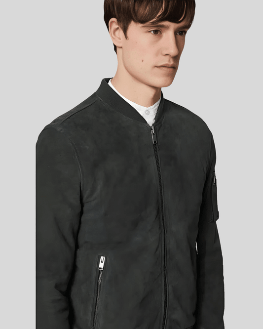 Lucy Dark Green Suede Bomber Leather Jacket - Vox Leather