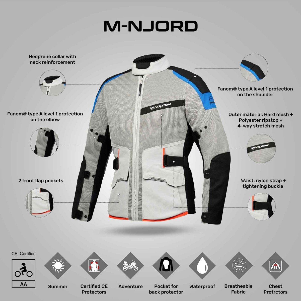 M-Njord - Adventure Touring Jacket (Light Grey / Blue/ Neon Red) - Vox Leather