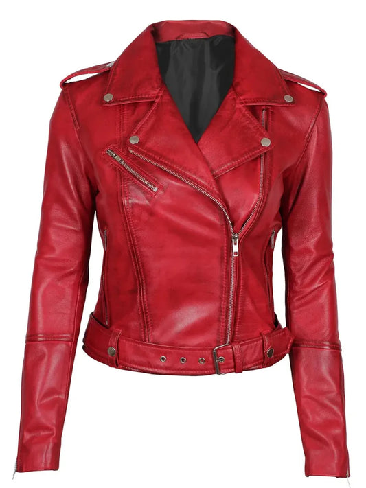 Margaret Women's Red Asymmetrical Motorcycle Leather Jacket - Vox Leather
