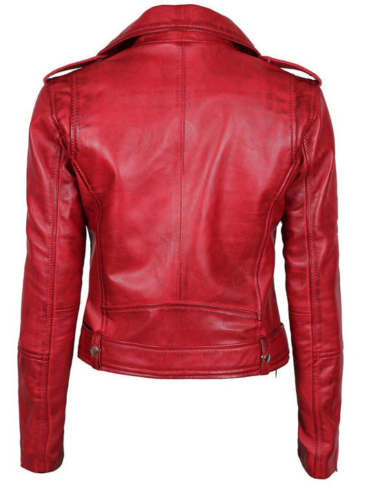 Margaret Women's Red Asymmetrical Motorcycle Leather Jacket - Vox Leather